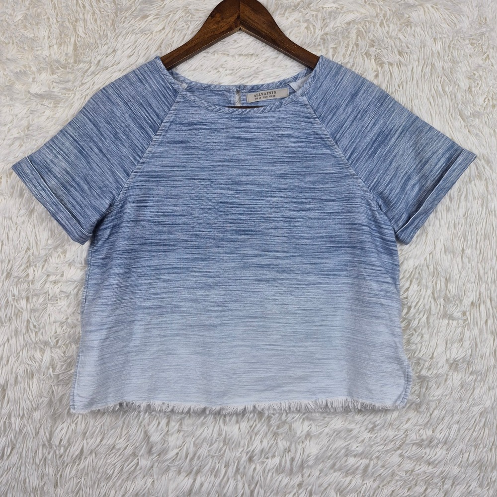 AllSaints Jina Tee Blue Ombre Dip Dye Cotton Frayed Hem Top US 6 WH060K